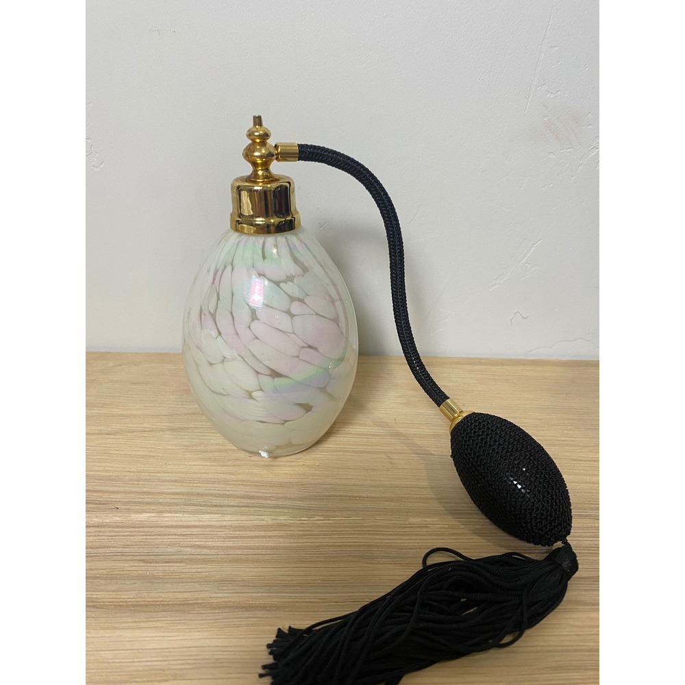 Vintage Iridescent Art Glass Perfume Bottle with Black Bulb Atomizer Tassel